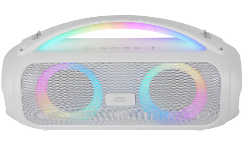 Mars Gaming MS-PULSE, Altavoz Bluetooth Portátil 50W RMS, Iluminación RGB, 2 Drivers Activos 93mm + 2 Drivers Pasivos Ultra-Bass, Función Manos Libres, USB / MicroSD / AUX / FM, Asa y Correa, Blanco