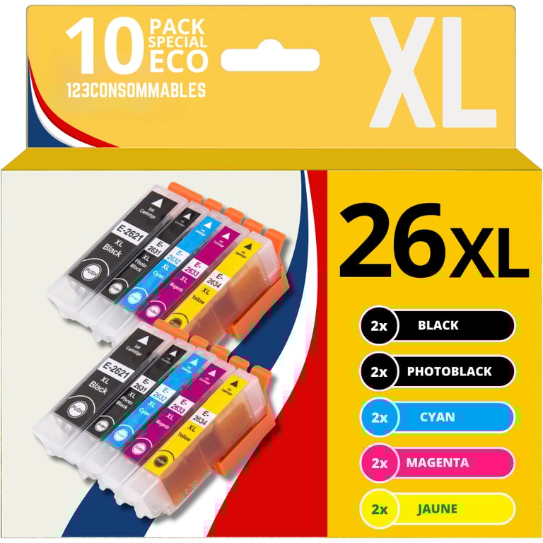 123CONSOMMABLES 26XL Pack 5 Cartouches d'encre compatibles avec Epson pour Epson Expression Premium XP 510 XP 520 XP 600 XP 605 XP 610 XP 615 XP 620 XP 625 XP 700 XP 710 XP 720 XP 800 XP 810 Neuf
