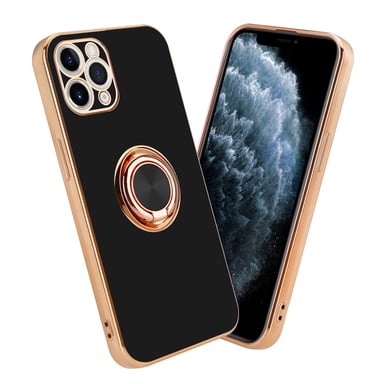 Coque pour Apple iPhone 11 PRO en Glossy Noir - Or avec anneau Housse de protection Étui en silicone TPU flexible, avec protection pour appareil photo et support voiture magnétique