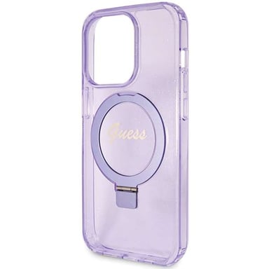 Custodia Guess per iPhone 15 Pro Max 6,7'' viola Custodia rigida Ring Stand Script Glitter MagSafe