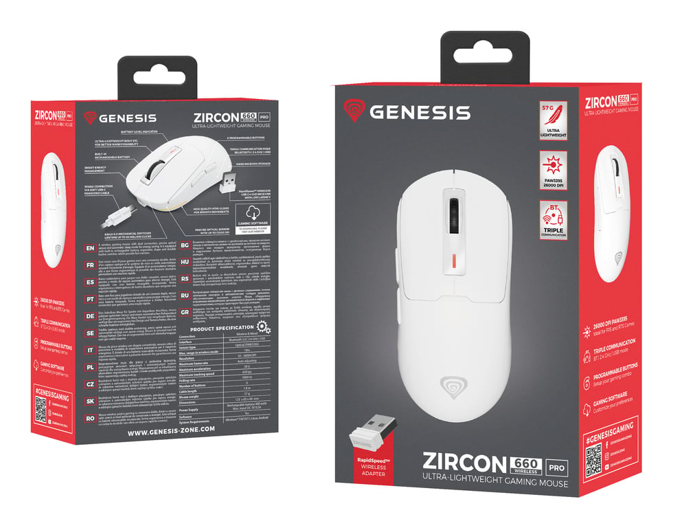 GENESIS NMG-2194 souris Gaming Ambidextre Bluetooth + USB Type-C Optique 26000 DPI - Neuf