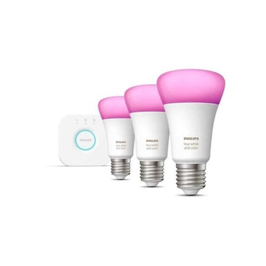 Kit de démarrage Philips Hue White and Color Ambiance 3 ampoules E27, 75W, Bluetooth, compatible avec Alexa, Google et Homekit - Neuf