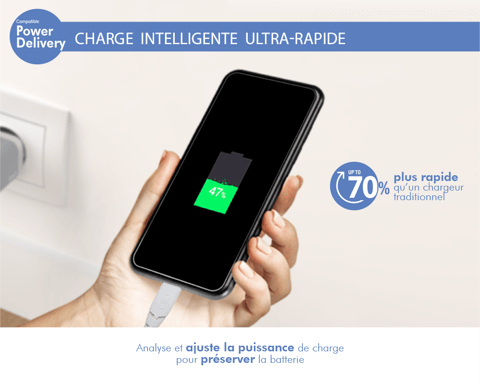 Chargeur maison USB C PD 45W Power Delivery Garanti à vie Noir Force Power Lite
