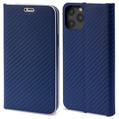 Moozy Étui Portefeuille pour iPhone 12 Pro Max, Bleu Foncé Carbone - Protection des Bords Métalliques Fermeture Magnétique Flip Cover avec Porte-Carte