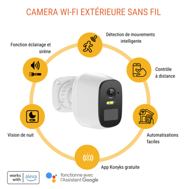 Konyks Camini Air SE - Telecamera di sorveglianza wireless WiFi per esterni, notifiche di rilevamento del movimento, visione notturna a colori, funzione luce e sirena