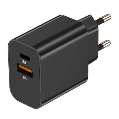 Akashi Cargador USB-C + USB 15W Carga Rápida Negro