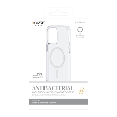 Coque antibactérienne antichoc magnétique invisible pour Apple iPhone 14 Pro, Transparente