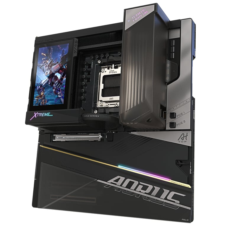 GIGABYTE X870E AORUS XTREME X3D AI TOP Carte Mère - Prend en charge les processeurs AMD Ryzen série 9000, VRM 24+2+2 phases, jusqu'à 9000MHz DDR5 (O.C.), 2xPCIe 5.0 M.2 + 3xPCIe 4.0 M.2, Wi-Fi 7, LAN 10GbE, USB 4 - Neuf