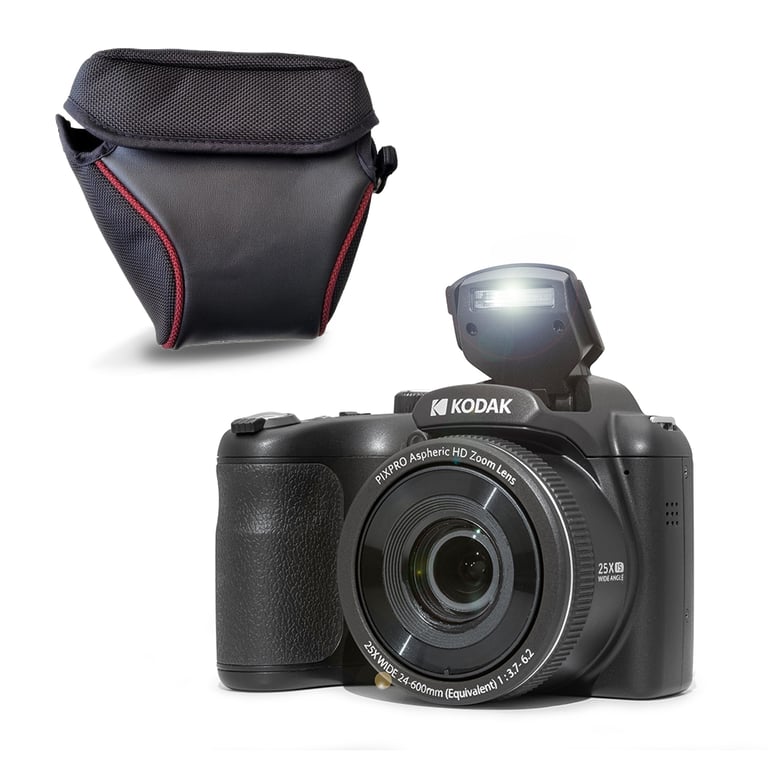 KODAK Pack Pixpro AZ255 + Etui transport - Appareil Photo Bridge Numérique Astro Zoom 16 MP, Zoom Optique 25X, Stabilisateur, Video Full HD 1080p, Grand angle 24 mm, Ecran LCD 3 '', Pile AA - Noir - Neuf