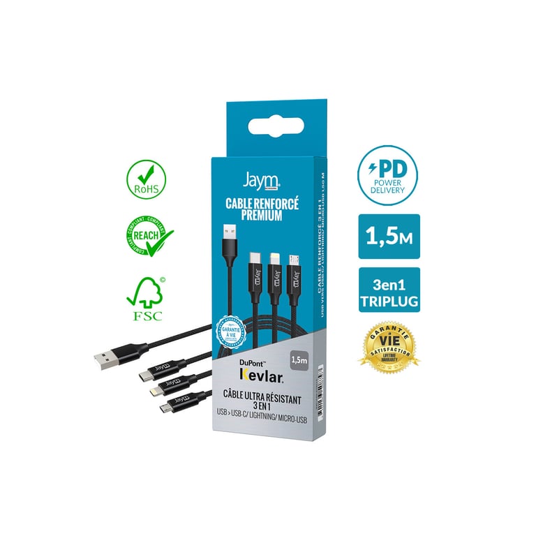 Jaym - Cable Premium 1,5 m - USB-A vers 3 Sorties : Lightning, Type-C et Micro USB - Garanti à Vie - Ultra renforcé - Longueur 1,5 mètres