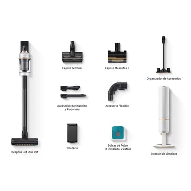 SAMSUNG Bespoke Jet Plus Pet VS20B95823W - Aspirateur Balai + Clean Station 2.0 - 580 W - 210 AW