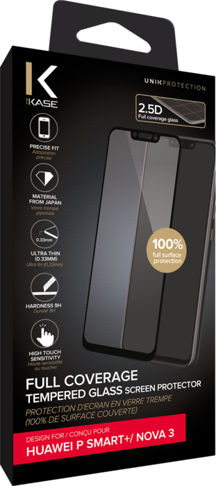Protection d'écran en verre trempé (100% de surface couverte) pour Huawei P  Smart+/ Nova 3, Noir - The Kase