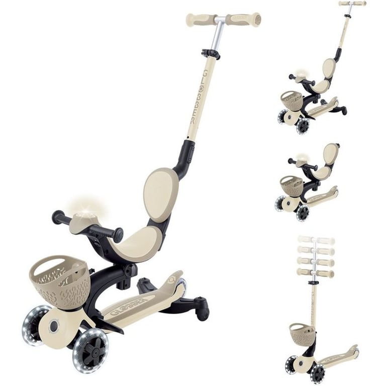 Trottinette évolutive GLOBBER GO UP Baby 360 Lights 3 roues TAUPE, 3 modes, roues lumineuses à dynamo, guidon réglable 360°, pliage en mode trottinette - Neuf