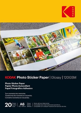 Carta adesiva fotografica KODAK - Confezione da 20 fogli di carta fotografica autoadesiva - Formato 10 x 15 cm (A6) - Finitura lucida - 120 g/m² - Compatibile con le stampanti a getto d'inchiostro