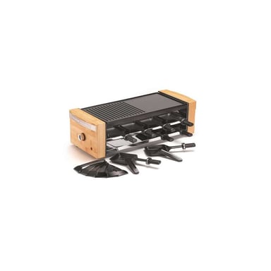 Raclette 8 personnes KITCHENCHEF KCWOODLUX8 1200 W Plaque double face antiadhésive Bambou Noir/Naturel