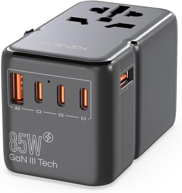 Adaptador de Viaje Universal MINIX TP85 con Puertos PD 85W, Enchufe AC Internacional, 2 Puertos USB-A y 3 Puertos USB-C, Cargador de Viaje Mundial, Compatible con EE. UU., Europa, AU, UK.