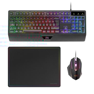Mars Gaming MCP124, Combo Gaming 3en1, Teclado Ergonómico H-Mech LED RGB, Ratón RGB 3200DPI Switches HUANO, Alfombrilla Nanotextil 360x260mm, Compatib