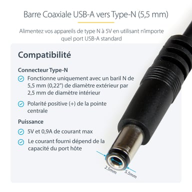StarTech.com Cable Adaptador 1m USB A Macho a Conector Coaxial Barrel Alimentación Corriente Tipo N 5,5mm 5V DC