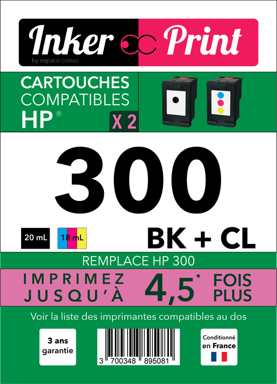 Pack de Cartouches d'encre recyclées compatibles avec HP 300 XL (Noir et Couleurs)