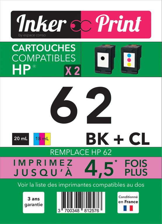 Pack de Cartouches d'encre recyclées compatibles avec HP 62 XL (Noir et Couleurs)