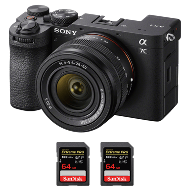 Appareil photo hybride Sony A7C II Noir + FE 28-60mm f/4-5.6 + 2 SanDisk 64GB Extreme PRO UHS-II + Ebook  20 astuces pour des images qui claquent  - Neuf