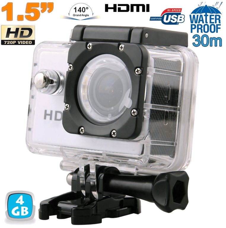 Caméra sport action étanche 1.5'' HD 720p grand angle 140° argent 4Go
