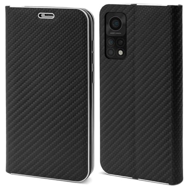 Moozy Étui Portefeuille pour Xiaomi Mi 10T 5G et Mi 10T Pro 5G, Noir Carbone - Protection des Bords Métalliques Fermeture Magnétique Flip Cover avec Porte-Cartes