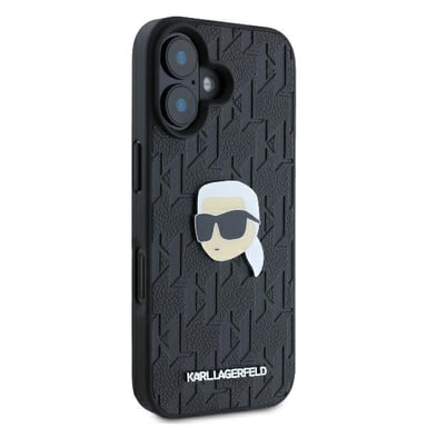 Funda Karl Lagerfeld para iPhone 16 6.1'' carcasa rígida negra Monograma Karl Head Pin