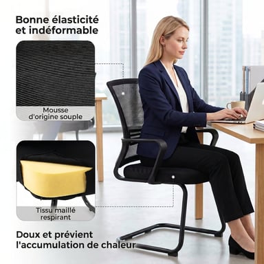 Roline Lot 2 Chaises de Conférence Ergonomique Sans Roulettes Noir