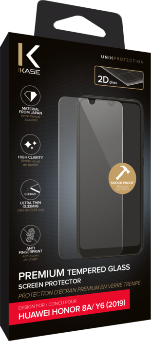Protector de pantalla de cristal templado premium para Huawei Honor 8A/ Y6 2019, Transparente.