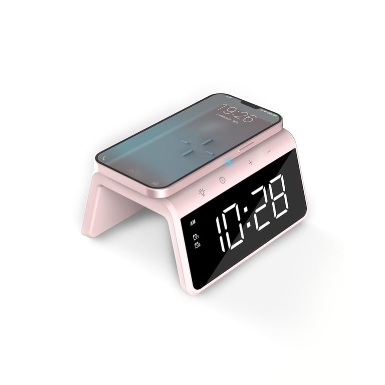 Réveil numérique Caliber - Réveil avec charge sans fil - Horloge numérique - Réglable en luminosité - Deux alarmes - Convient comme réveil pour enfants - Veilleuse à 8 couleurs - Couleur rose (HCG019QI-PI)