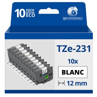 Confezione da 10 nastri adesivi compatibili con Brother TZe-231 - Testo nero su sfondo bianco - Larghezza 12 mm x 8 metri