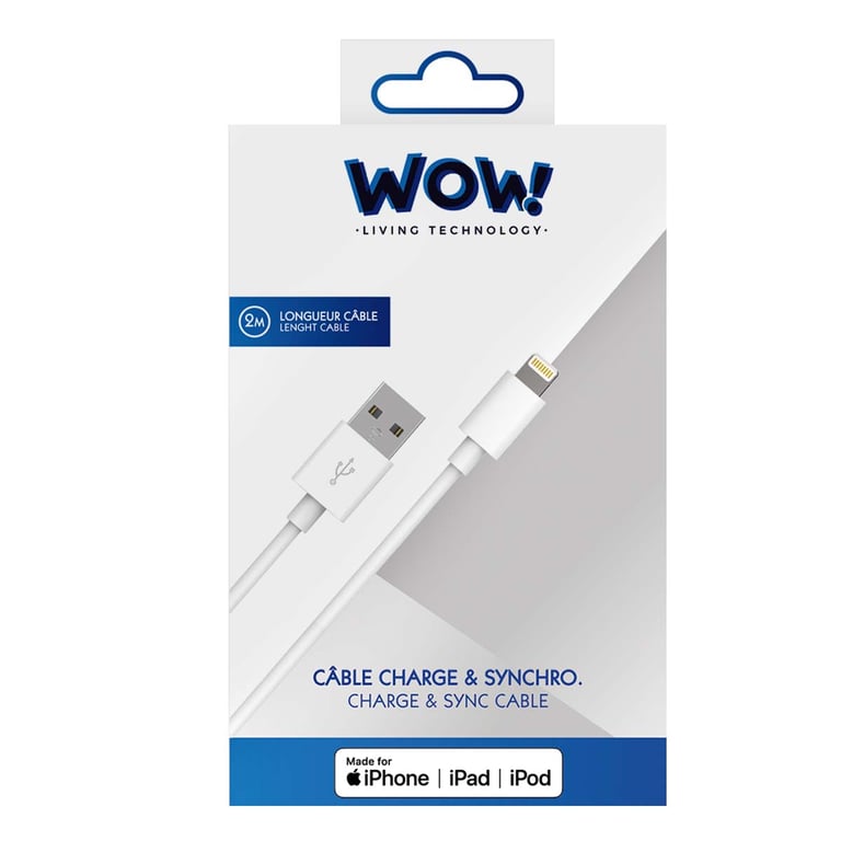 Câble USB A / Lightning 2. 2m FastCharge WOW Neuf - vue 3