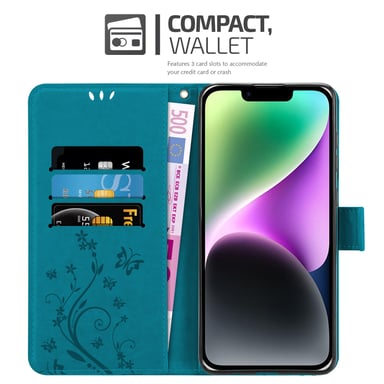 Coque pour Apple iPhone 14 en BLEU FLORAL Housse de protection Étui au design floral avec fermeture magnétique, fonction de support et emplacements pour cartes