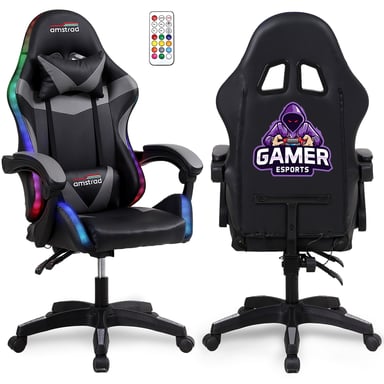 Amstrad AMS-900-LED-GAMER - Fauteuil gaming noir et gris - Serigraphie ''Gamer'' - Eclairage LED 366 effets - Télécommande