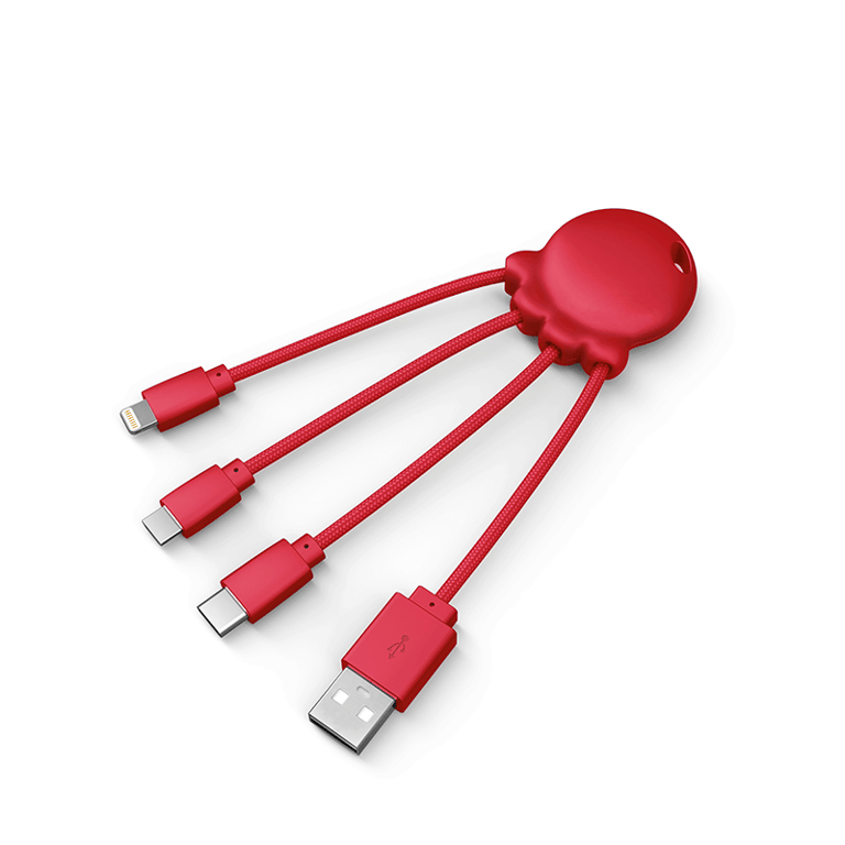 Câble 3 en 1 Octopus Biodégradable USB A/micro USB & USB C & Lightning 1m Rouge Xoopar
