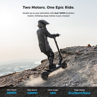 Trottinette Électrique Pliable Ausom L2 Max à Moteurs Doubles 1000W*2, Pneus Tubeless 10''X3'', Vitesse Maximale de 65 km/h, Autonomie Maximale de 90 km, Déverrouillage NFC, Écran LCD Intelligent