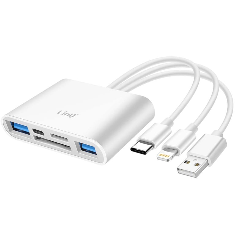 Hub 3 en 1 Lecteur Carte SD / USB / USB-C / Lightning Blanc - LinQ