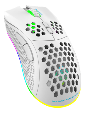 DELTACO GAMING - WHITE LINE WM80 - Mouse ottico da gioco senza fili 4800 DPI, 1000 Hz, ultra leggero, RGB, 7 pulsanti