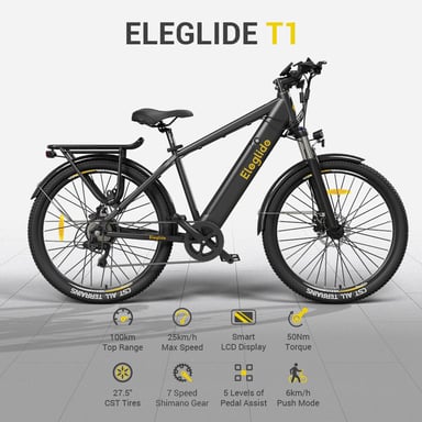 Eleglide T1 Bicicleta Eléctrica Negra con APP, Cuadro Alto, 27,5 Pulgadas, Batería 36V13Ah, Motor 250W, Enchufe UE