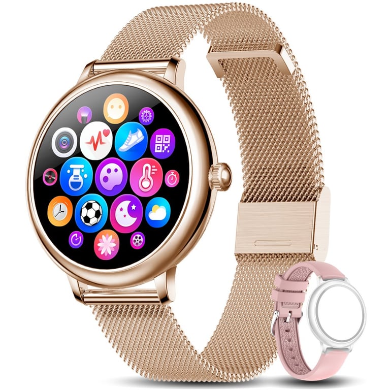 Montre Connectée Femme Or, Smartwatch Sport Etanche ,Podomètre Calorie,  Multifonctions ,Montre de Fitness avec 1 bracelet Rose offert . - Evetane