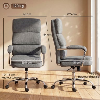 Roline Chaise de bureau grise ergonomique réglable tissu chenille