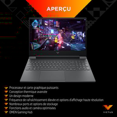 HP Victus Gaming 15-fa0085nf Ordinateur portable 39,6 cm (15.6'') Full HD Intel® Core i5 i5-12450H 16 Go DDR4-SDRAM 512 Go SSD NVIDIA GeForce RTX 3050 Wi-Fi 6 (802.11ax) Windows 11 Home Noir