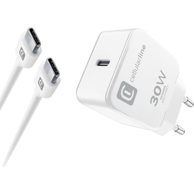 Cellularline - Kit chargeur USB-C 30W - iPhone 15 series - Chargeur secteur 30W + câble USB-C vers USB-C - Chargeur rapide pour iPhone 15 series - Outup : 30W - Blanc