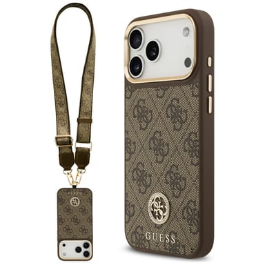 Custodia MagSafe Guess 4G con logo Strass e bottoni in metallo a strappo per iPhone 17 Pro Max marrone