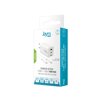 JAYM® Pack Chargeur GaN 100W + Câble USB-C 2m   3 Ports (2xUSB-C, 1xUSB-A) Charge Rapide PD pour MacBook Pro, PC Portable, iPad Pro M4, iPhone 17/16, Samsung S26/S25