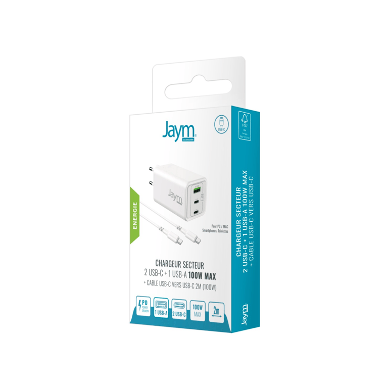 JAYM® Pack Chargeur GaN + Câble USB C 2m 3 Ports 2xUSB C 1xUSB A Charge Rapide PD pour MacBook Pro PC Portable iPad Pro M4 iPhone 1716 Samsung S26S25 Neuf - vue 2