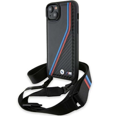 Custodia BMW per iPhone 15 nero Custodia rigida M Edition Carbon Tricolor Lines & Strap