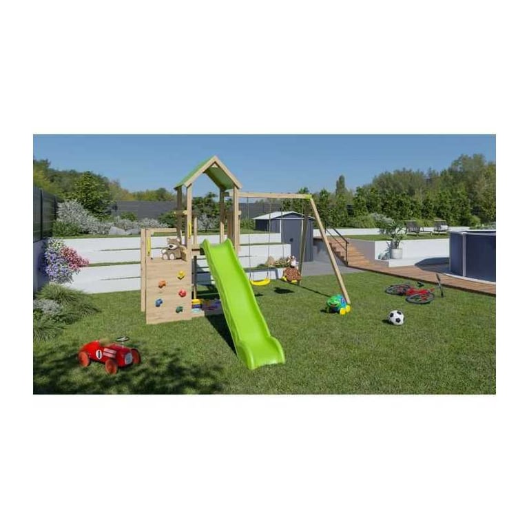 Aire de jeux en bois 2 20 ULTRA XPERIENCE TRIGANO JARDIN Mur d'escalade toboggan et balançoires 8 enfants - vue 3