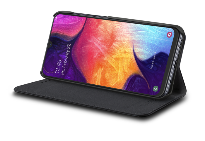 Coque clapet folio avec fente pour cartes & support pour Samsung Galaxy A50 2019, Noir